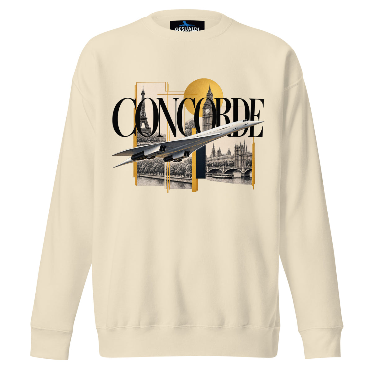 Sudadera Concorde Editorial Collage color crema con Torre Eiffel, Big Ben y vistas de París y Londres, vista frontal
